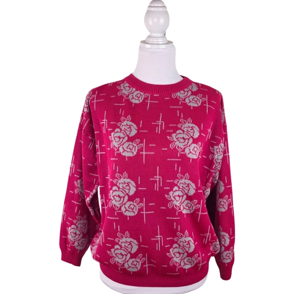 Vintahe Women's Hot Pink Floral Sweater Size Small Grey Gray Floral Rose Retro